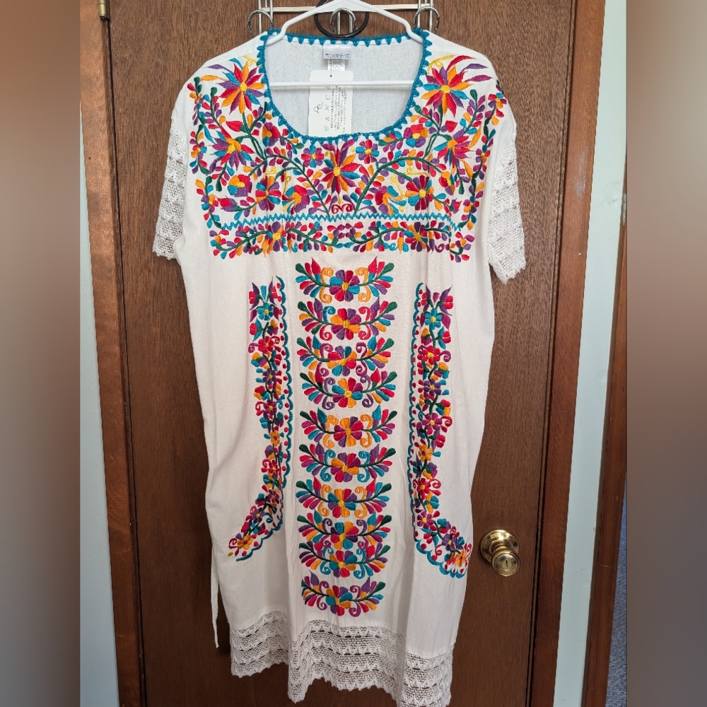 SoleiEthnic Mexican Embroidered Floral White Dress